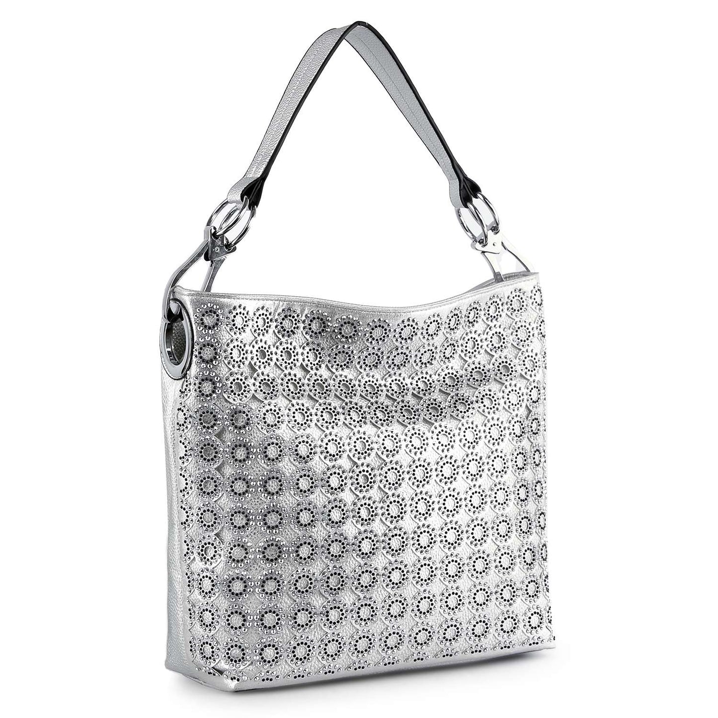 Rhinestone Patterned Hobo Handbag - Black