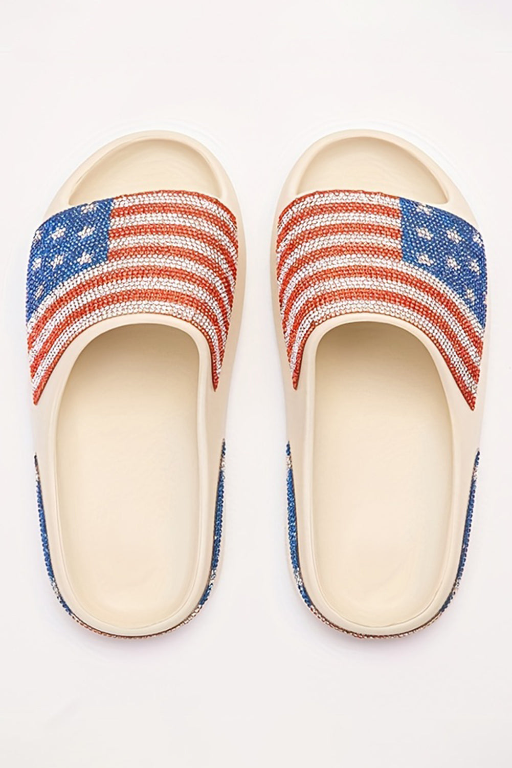 White Rhinestone American Flag Thick Sole Slides Shoes
