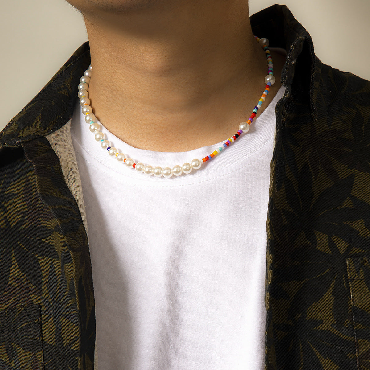Trendy Simple Pearl Matching Rice Beads Hip-Hop Design Versatile Necklace