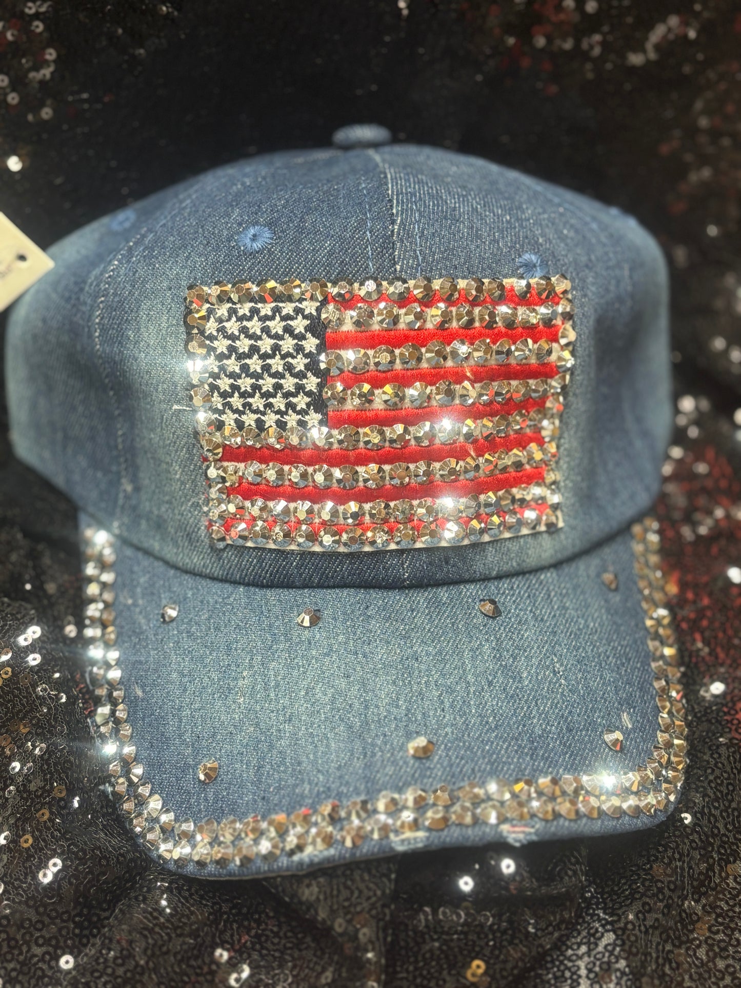 Denim blinged out flag hats