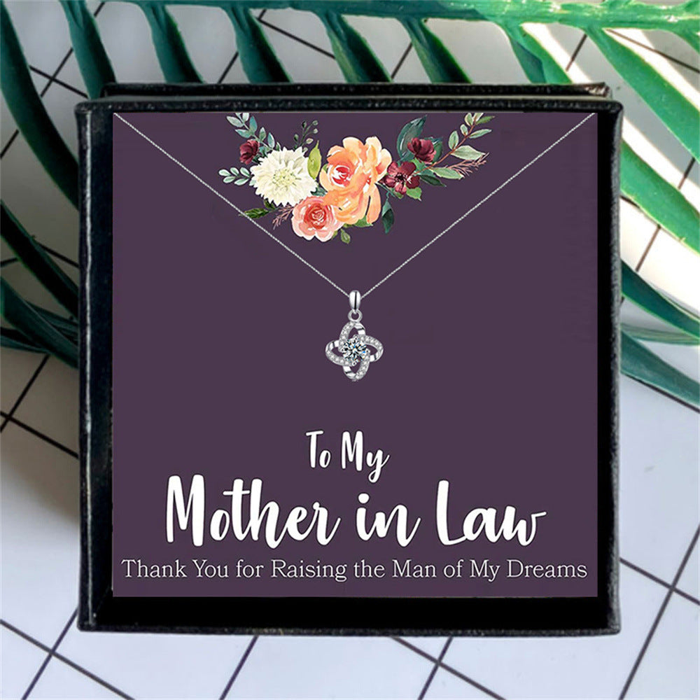 Fashionable Swirling Four Leaf Clover Diamond Design Gift Box Pendant Necklace for Mother-in-law