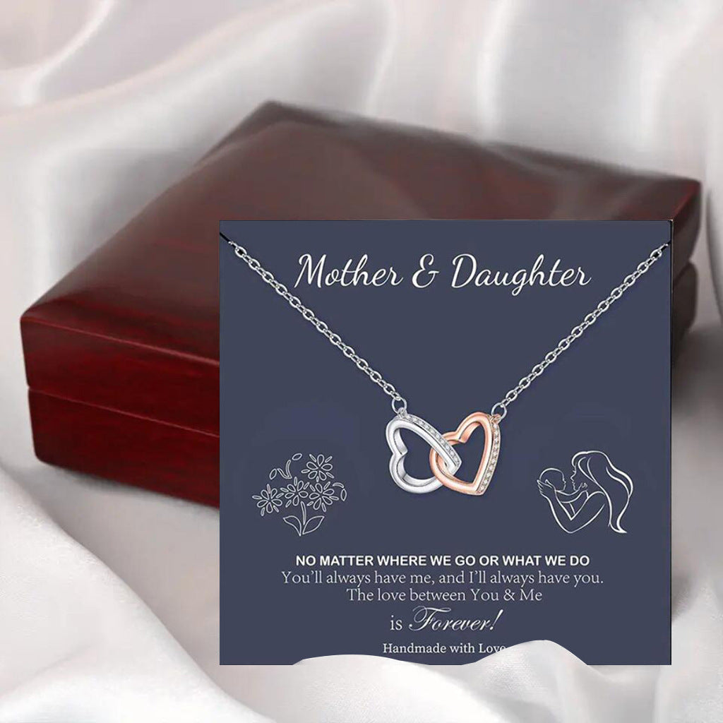 Two-Tone Diamond Paved Heart-to-Heart Double Links Gift Box Necklace for Mom or Daughter