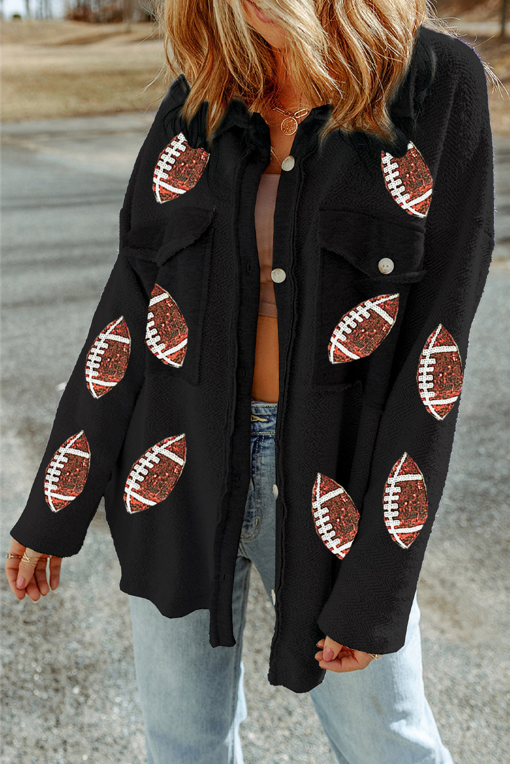 Gray Fleece Sequin Baseball Graphic Flap Pocket Shacket