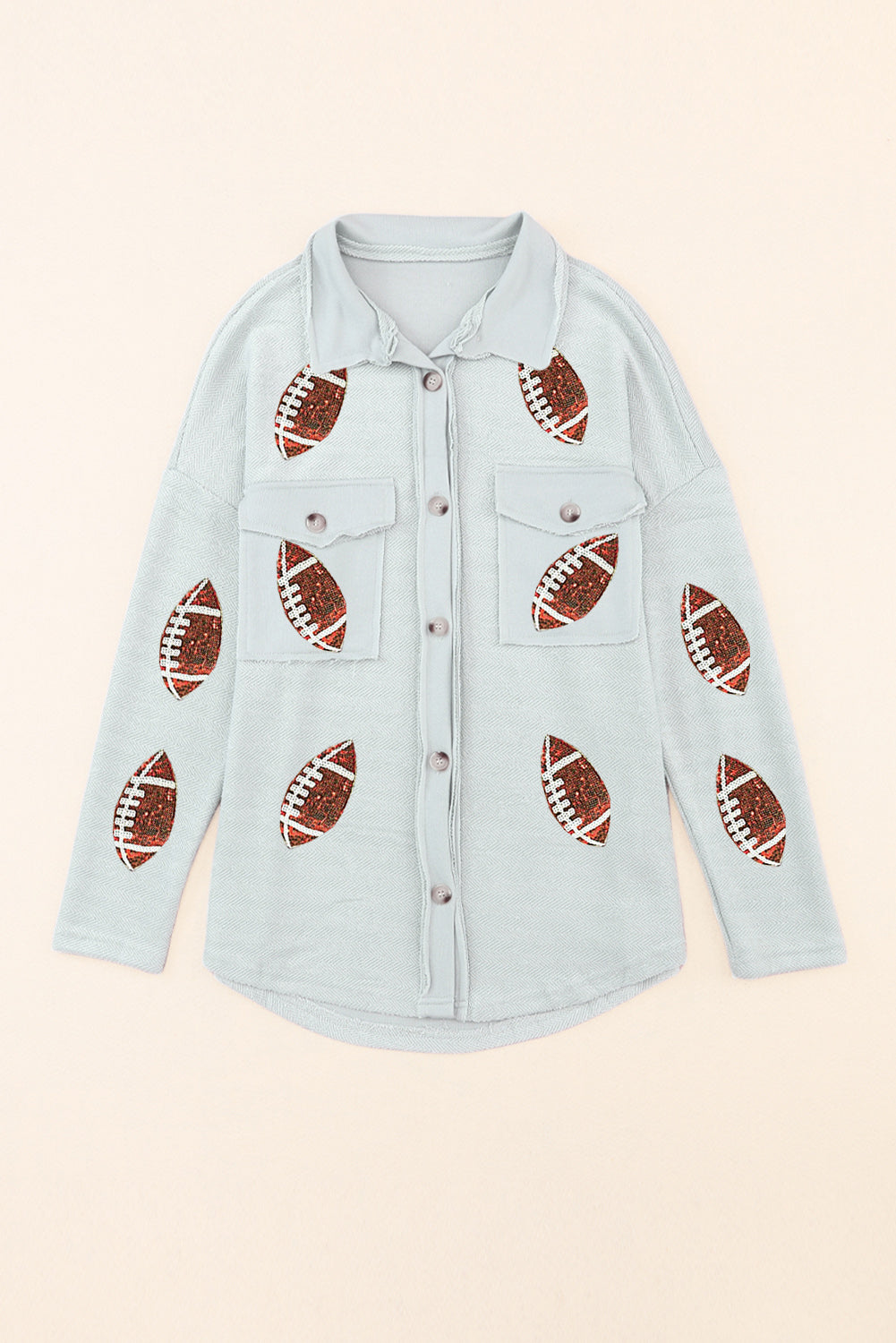 Gray Fleece Sequin Baseball Graphic Flap Pocket Shacket