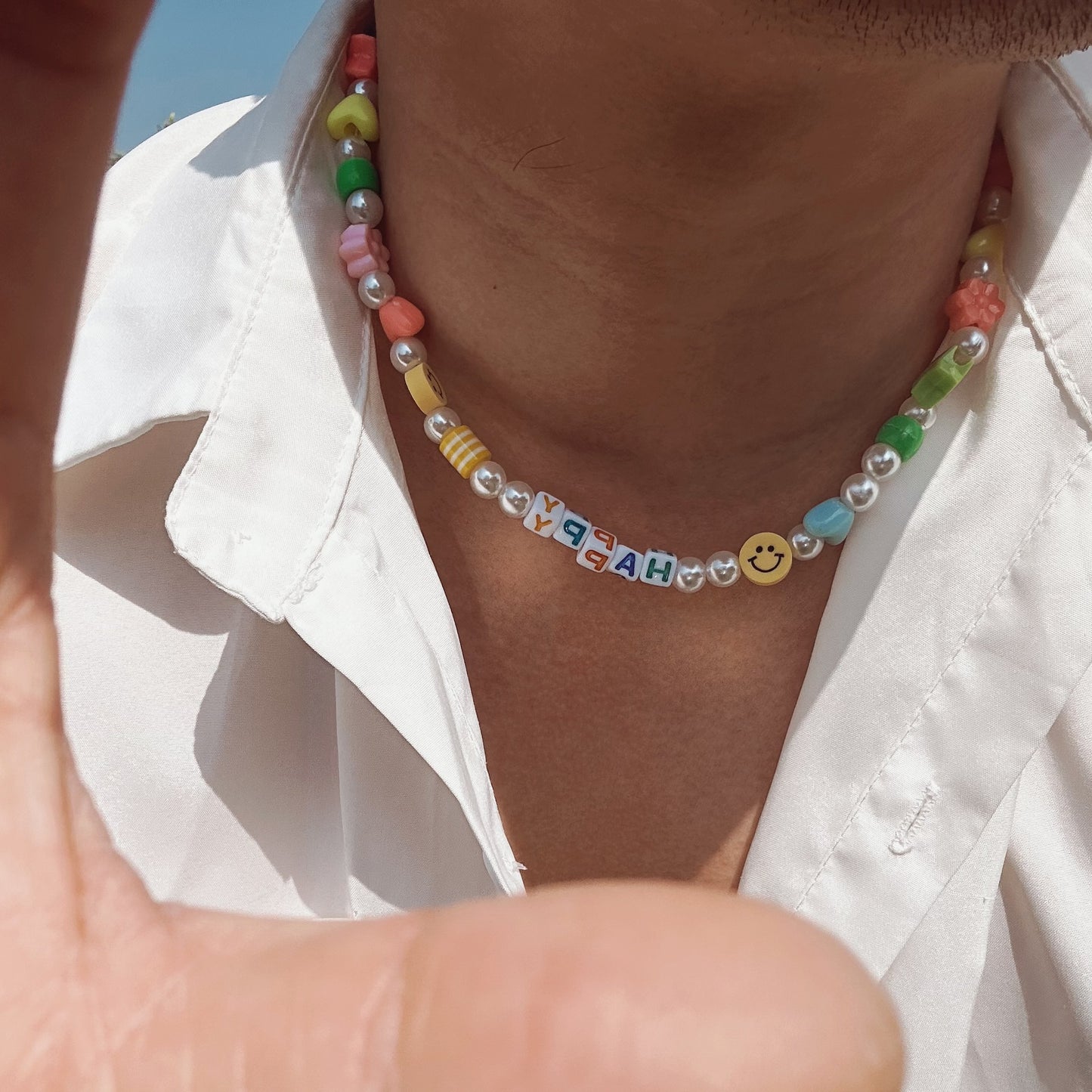 Trendy personalized pearl with heart/pentagram/flower and square HAPPY beaded design necklace