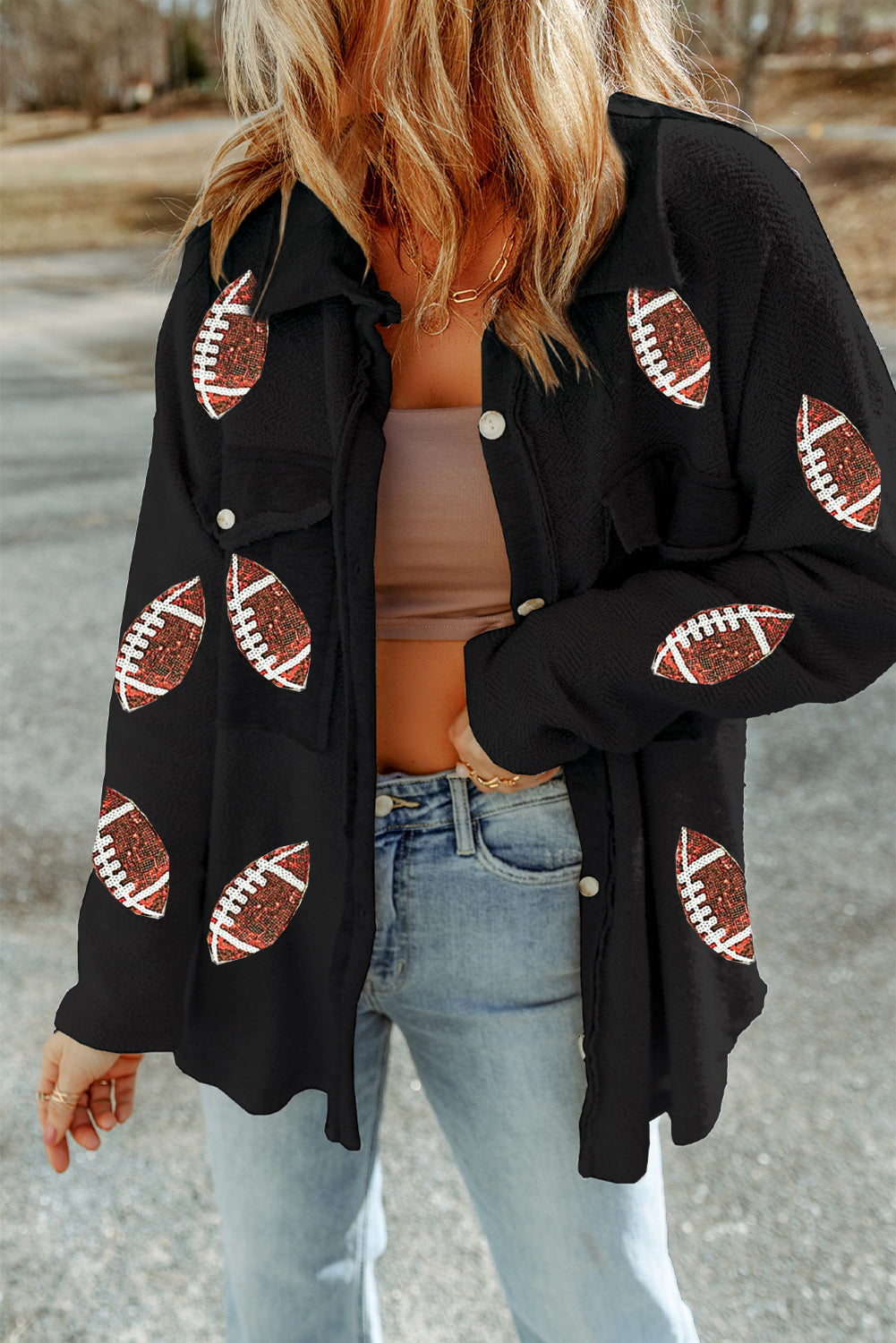 Gray Fleece Sequin Baseball Graphic Flap Pocket Shacket