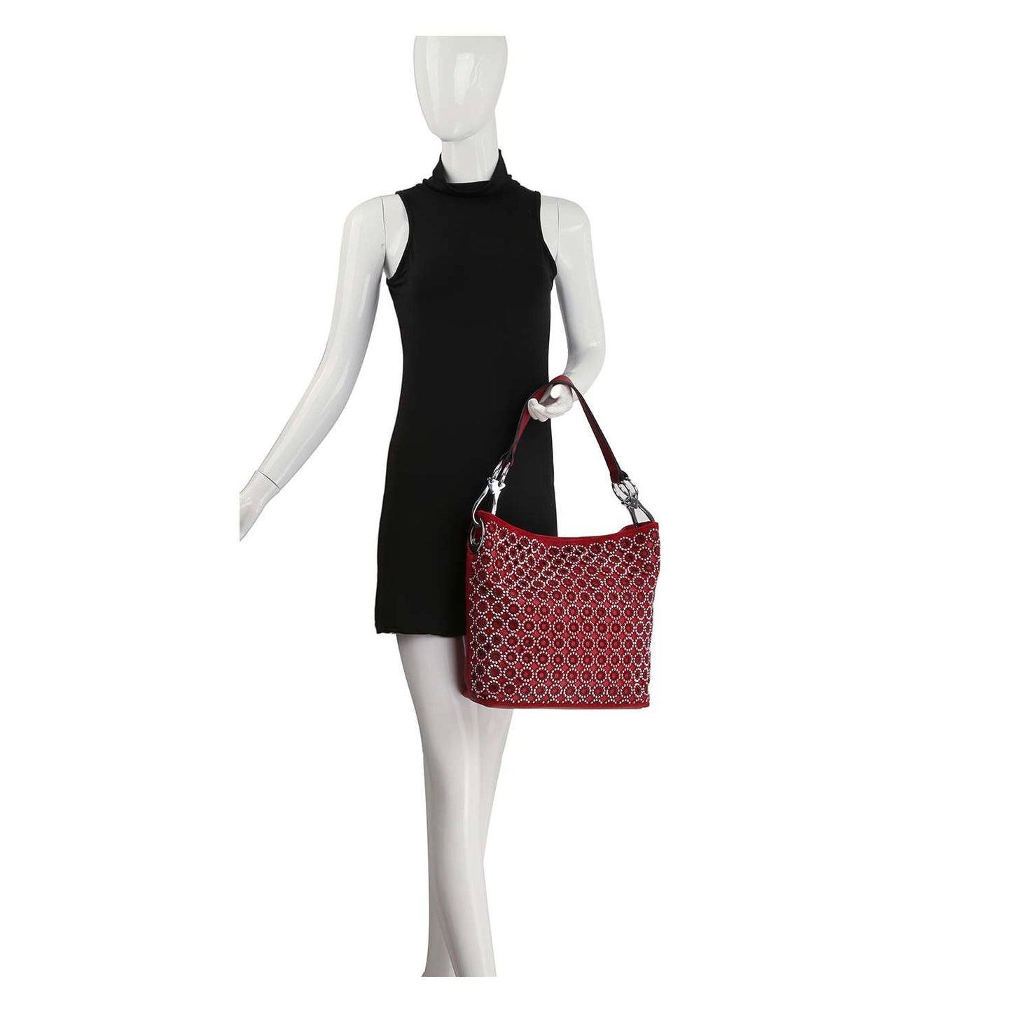 Rhinestone Patterned Hobo Handbag - Black
