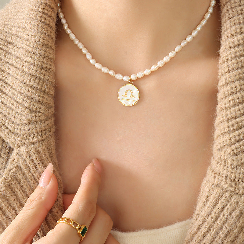 18K gold noble and fashionable pearl strand with round inlaid gemstone twelve constellation design necklace