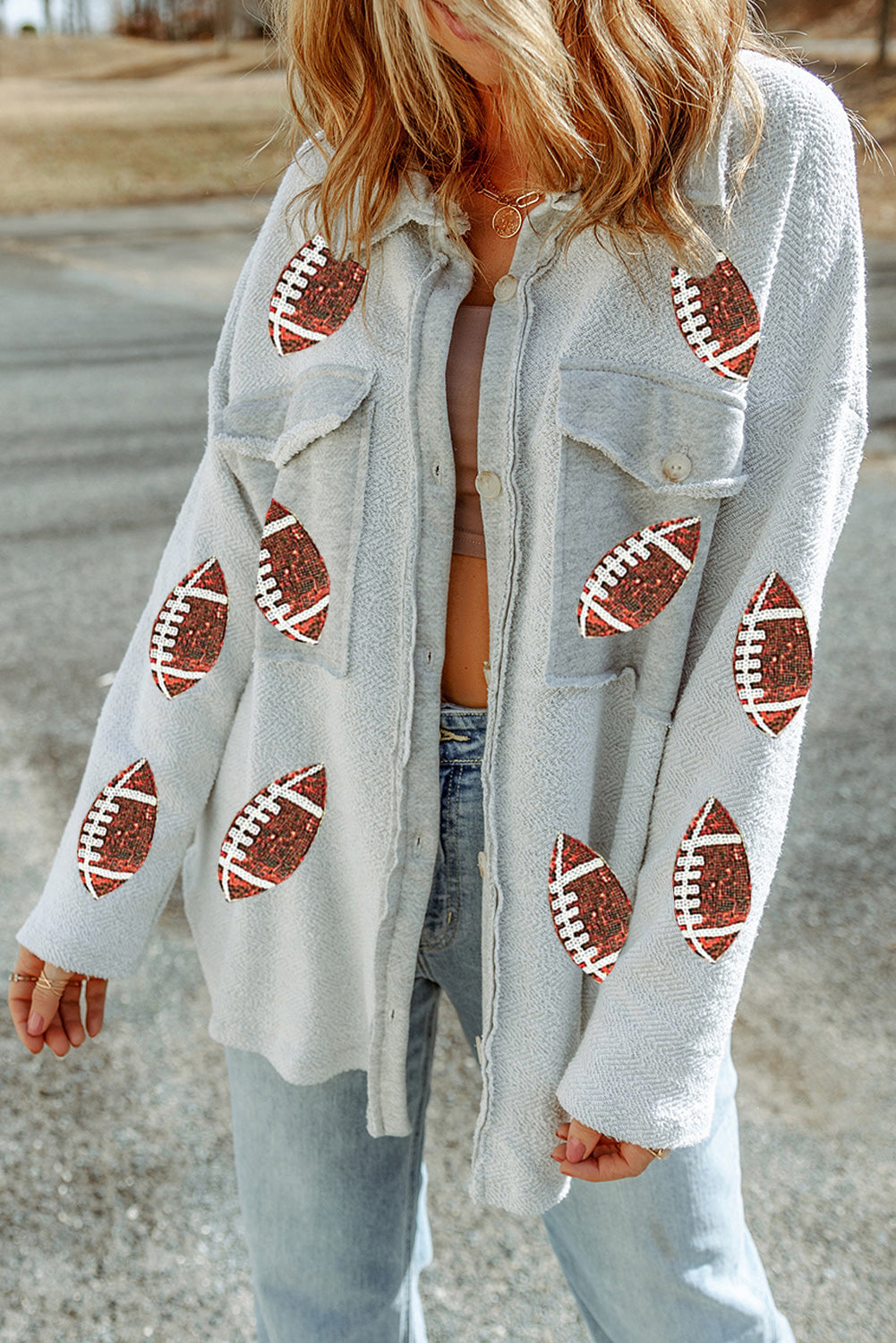 Gray Fleece Sequin Baseball Graphic Flap Pocket Shacket