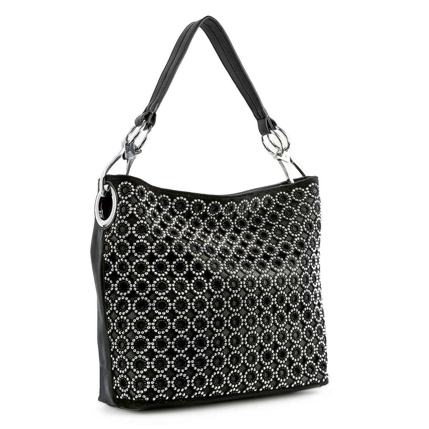 Rhinestone Patterned Hobo Handbag - Black