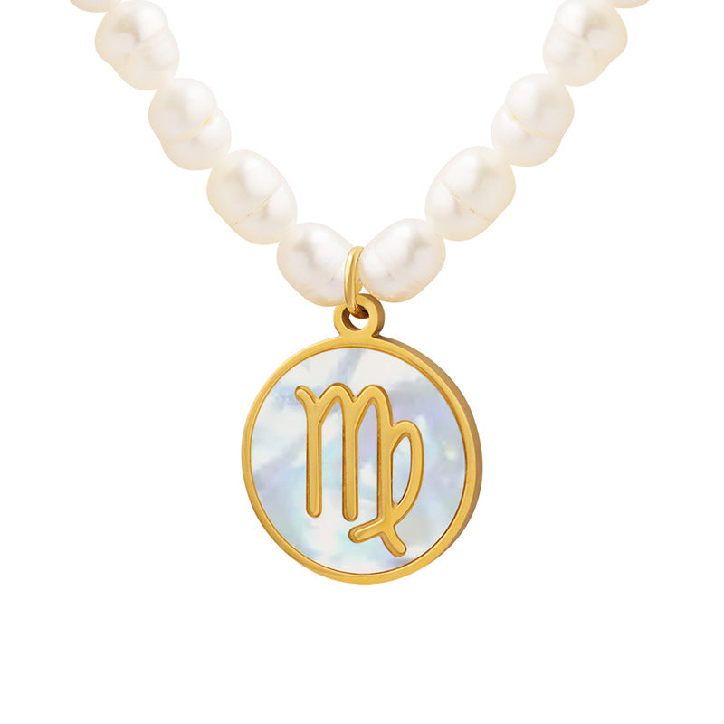 18K gold noble and fashionable pearl strand with round inlaid gemstone twelve constellation design necklace
