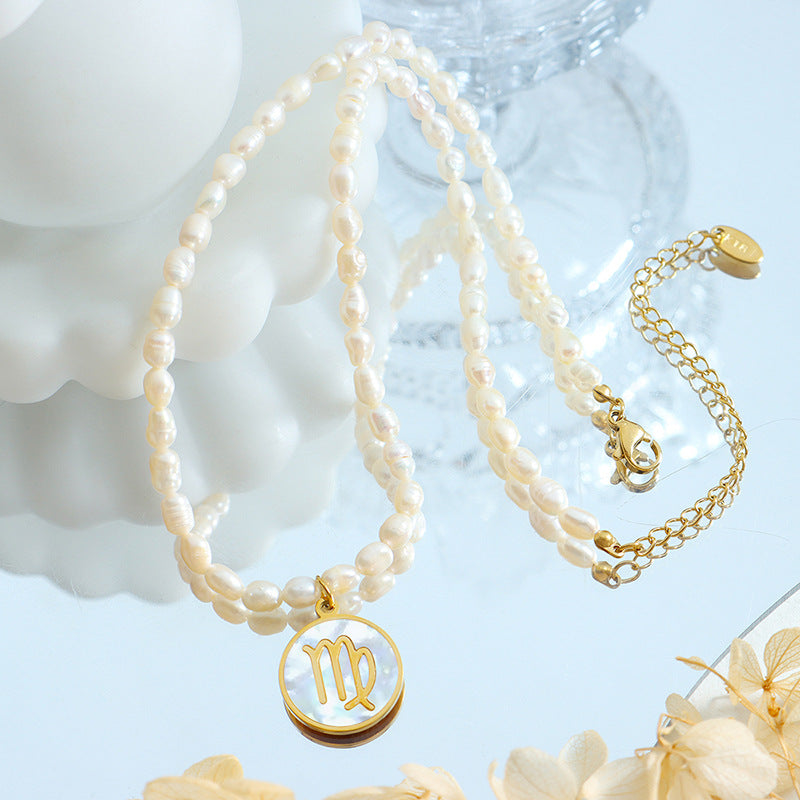 18K gold noble and fashionable pearl strand with round inlaid gemstone twelve constellation design necklace
