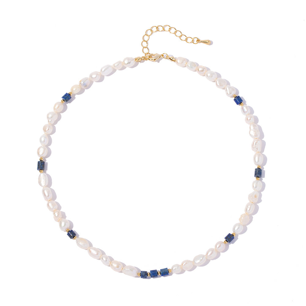 Classic Noble Karaine Blue Lapis Lazuli with Natural Freshwater Pearl Beaded Design Versatile Necklace