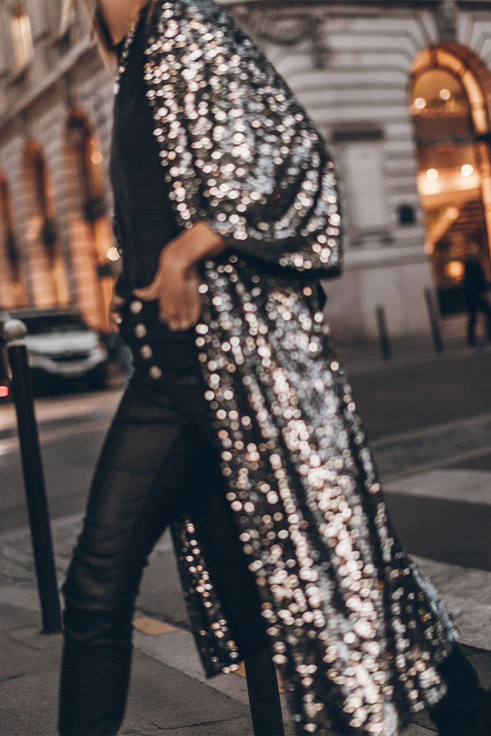 Silver Sequin Bracelet Sleeve Open Front Long Cardigan