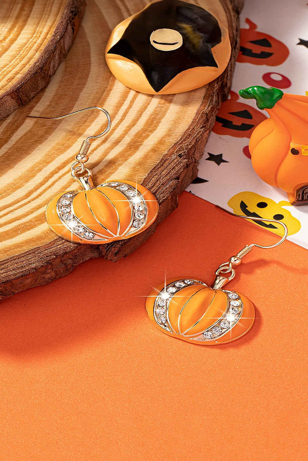 Orange Halloween Rhinestone Pumpkin Hook Earrings