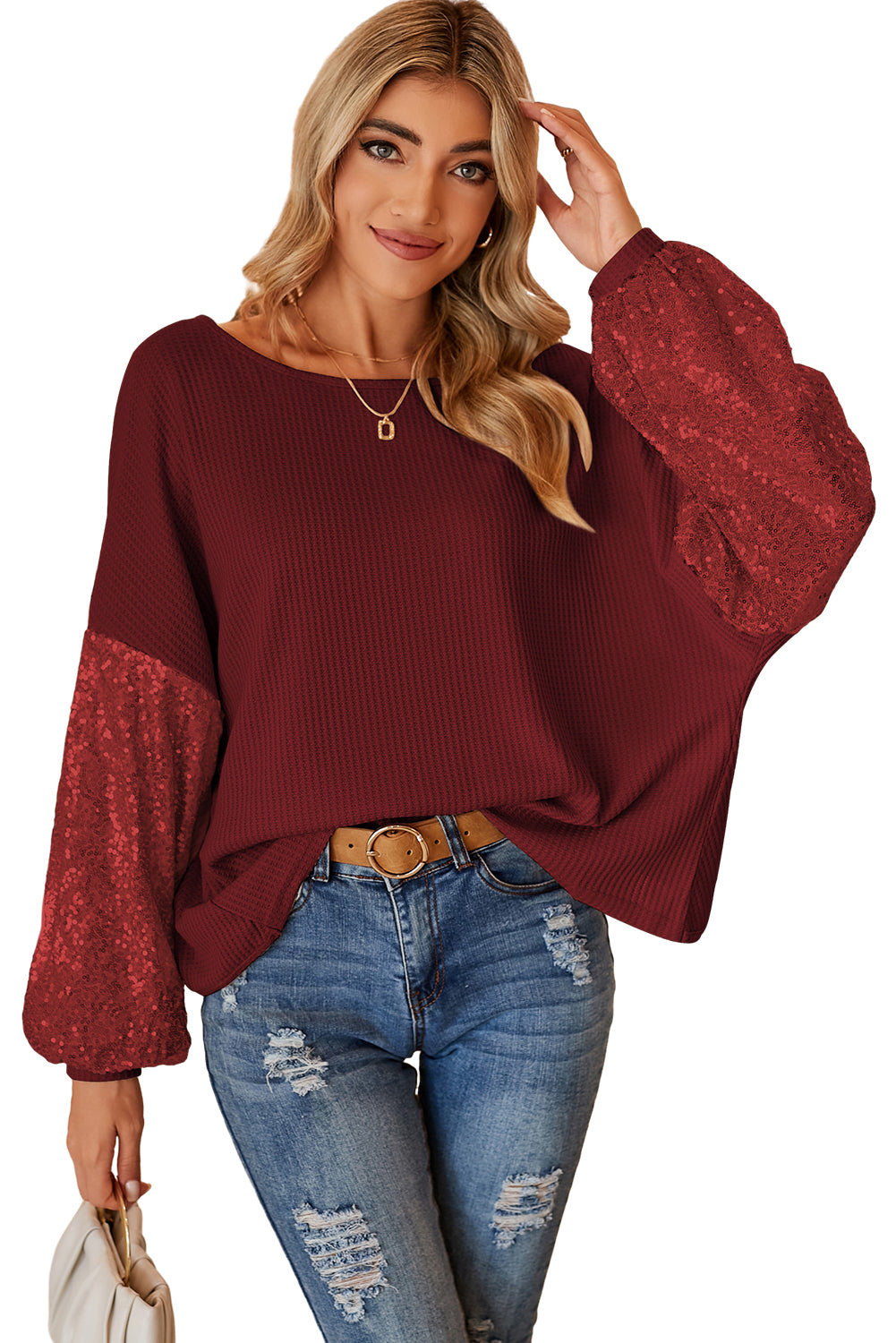 Red Cross Backless Sequin Bishop Sleeve Top