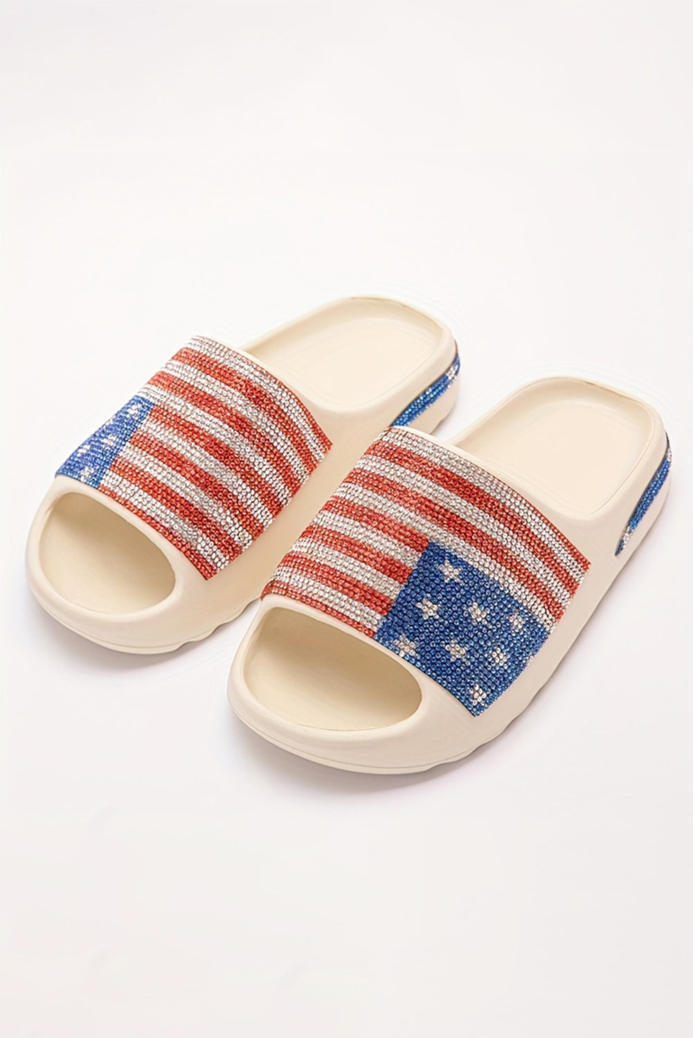 White Rhinestone American Flag Thick Sole Slides Shoes