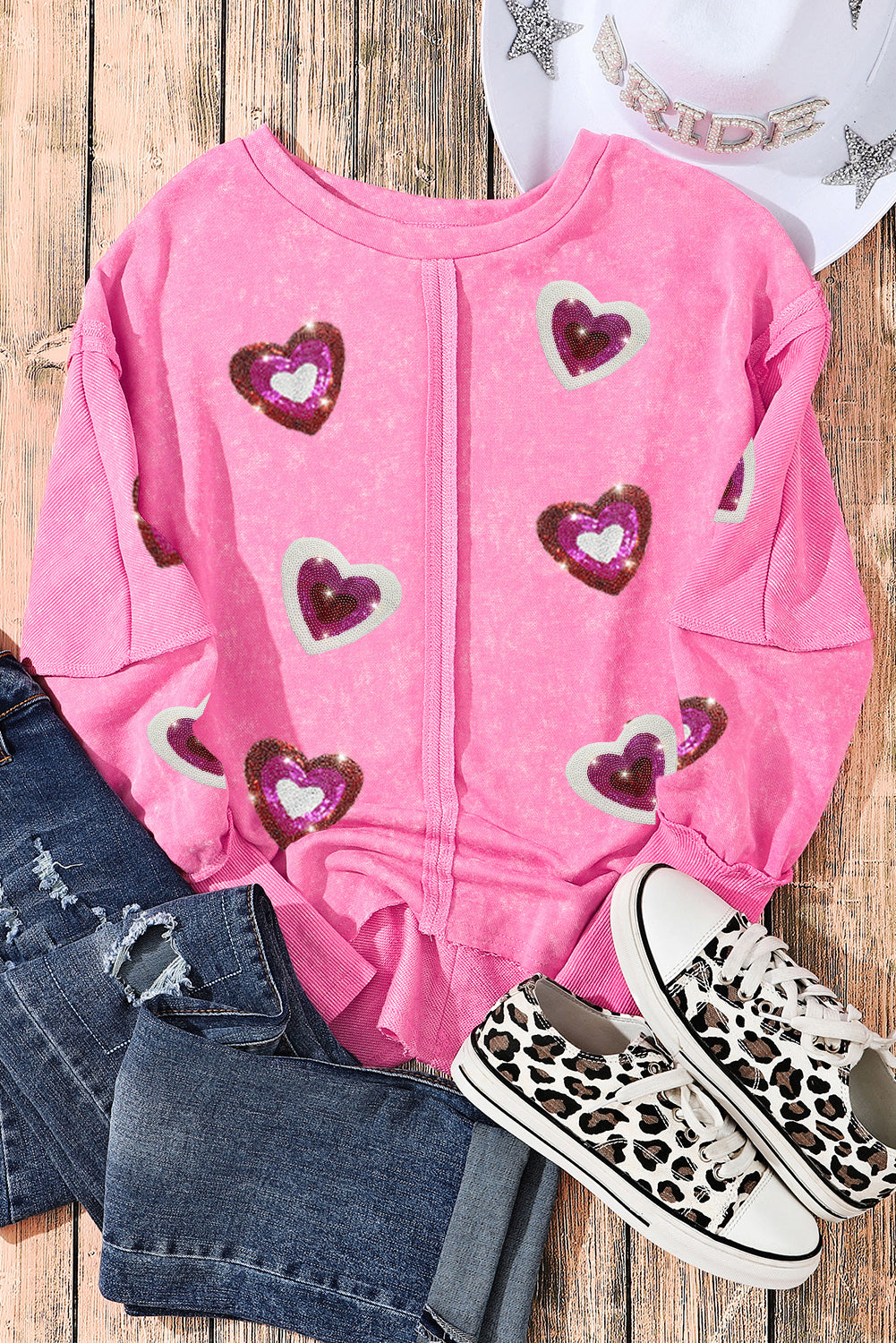 Rose Sequin Heart Printed Exposed Seam Graphic Sweatshirt