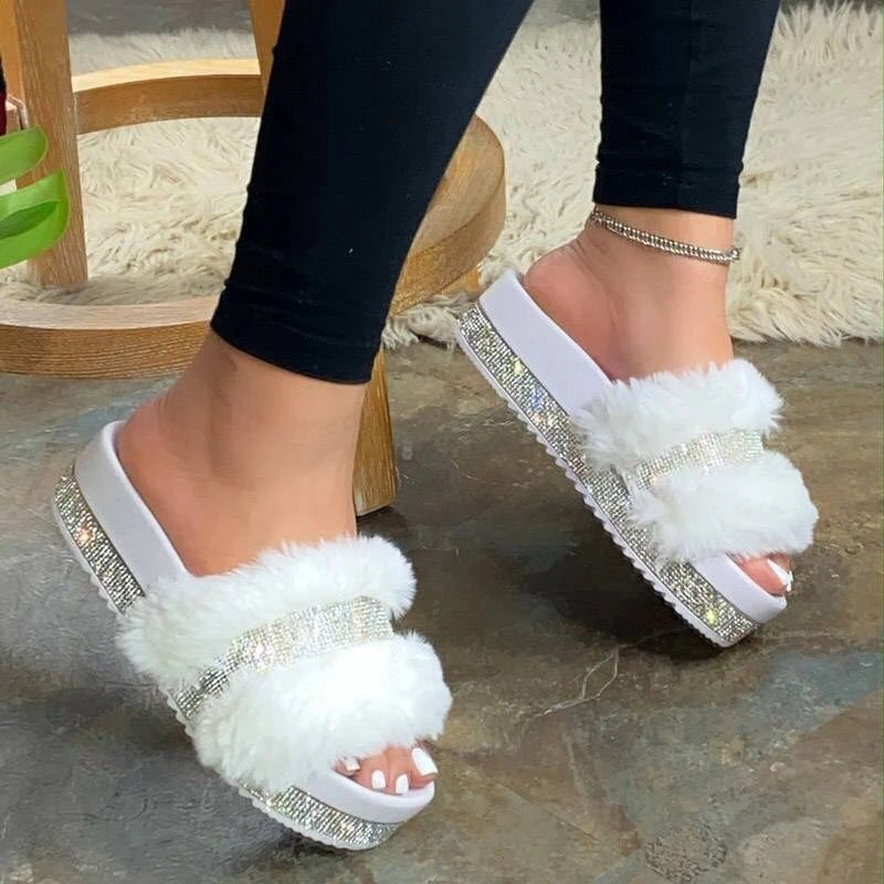 Large size rhinestone plush slipper