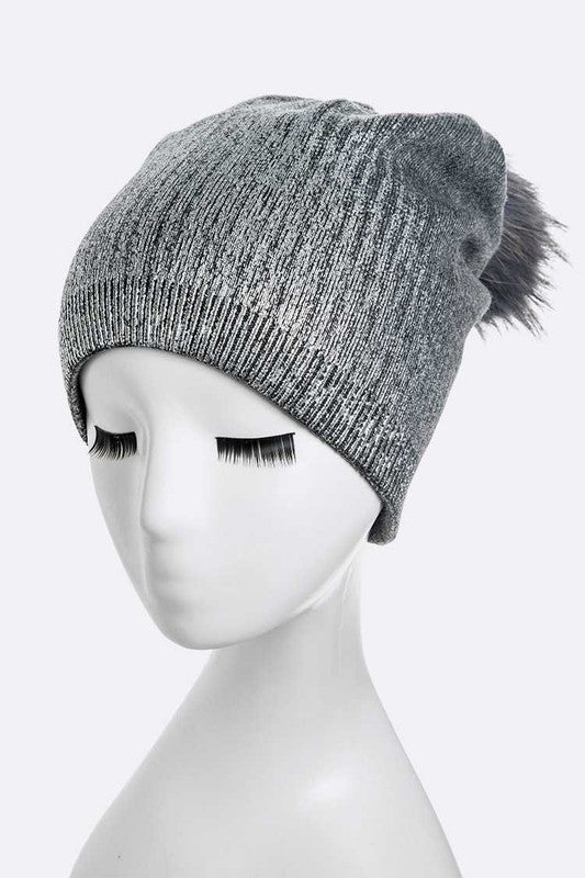 Metallic Cashmere Fur Pom Beanie