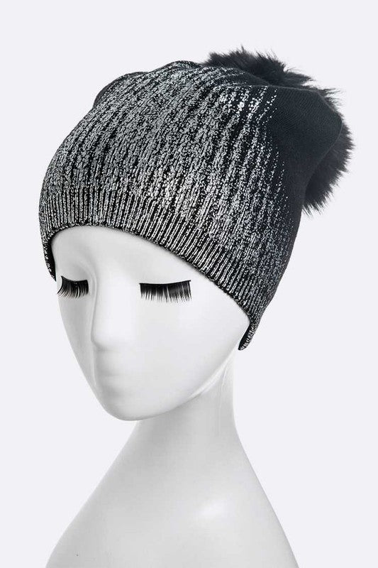 Metallic Cashmere Fur Pom Beanie