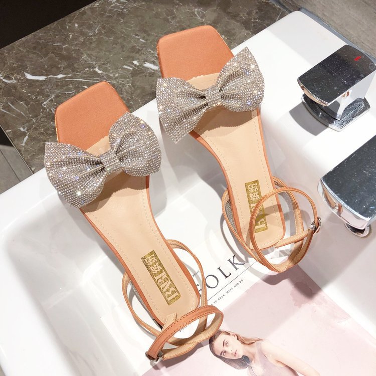 Bowknot Rhinestone Chunky Heel Sandals