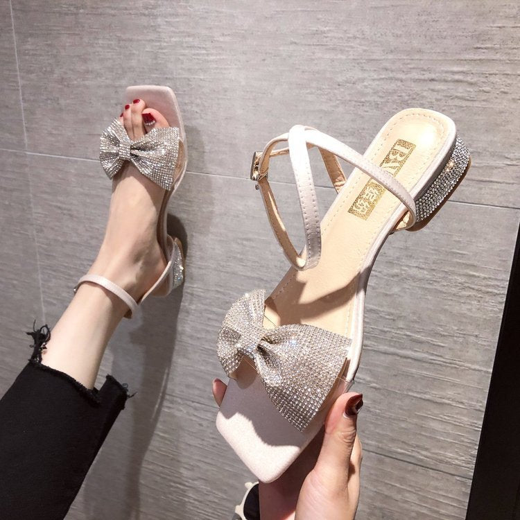 Bowknot Rhinestone Chunky Heel Sandals