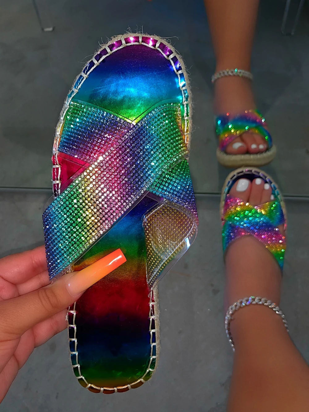 Cross Rhinestone Colorful Flat Slippers