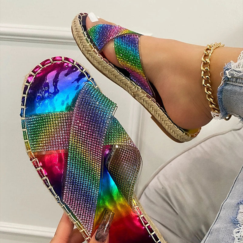 Cross Rhinestone Colorful Flat Slippers