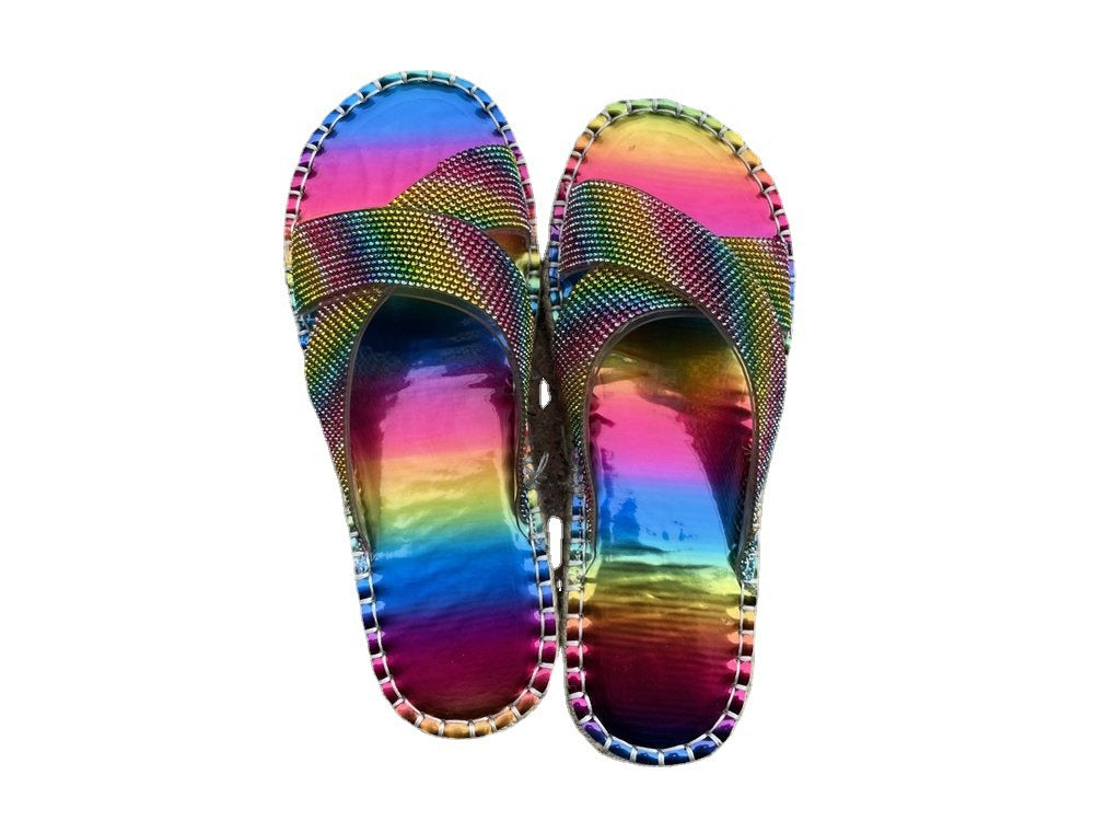 Cross Rhinestone Colorful Flat Slippers