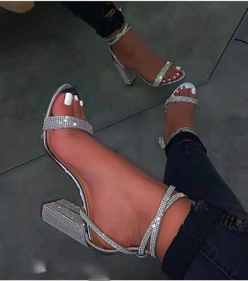 Rhinestone Chunky Heel Buckle Sandals