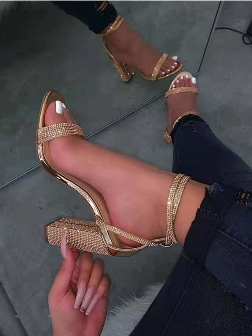 Rhinestone Chunky Heel Buckle Sandals