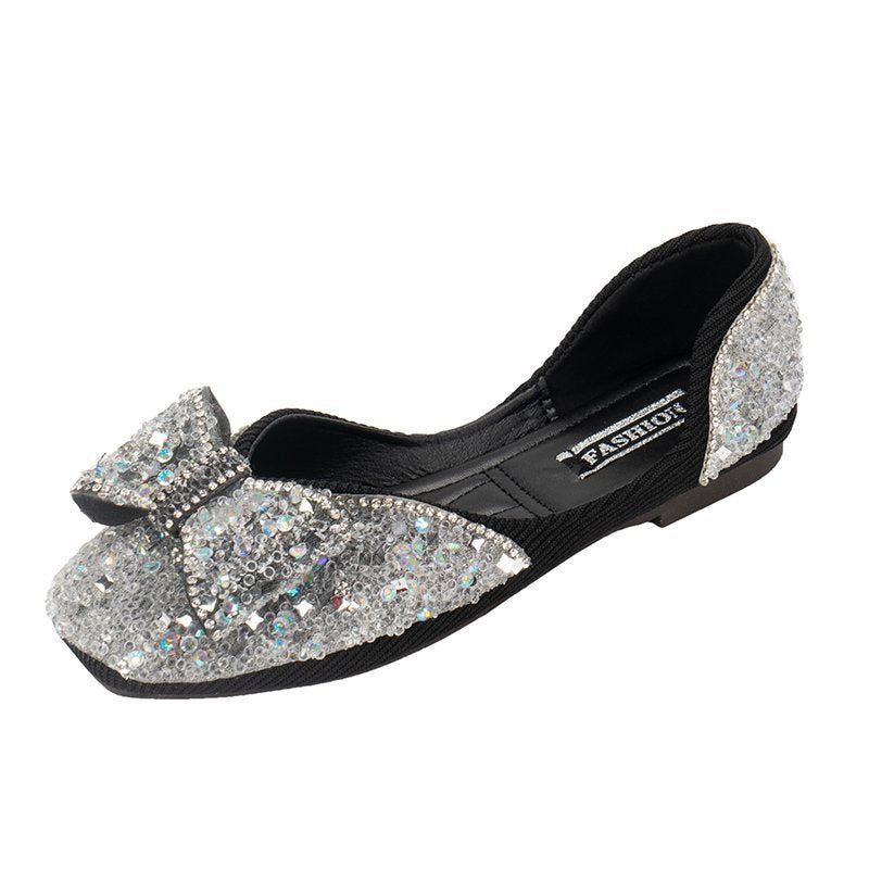 Square Toe Rhinestone Bow Flat Shoes