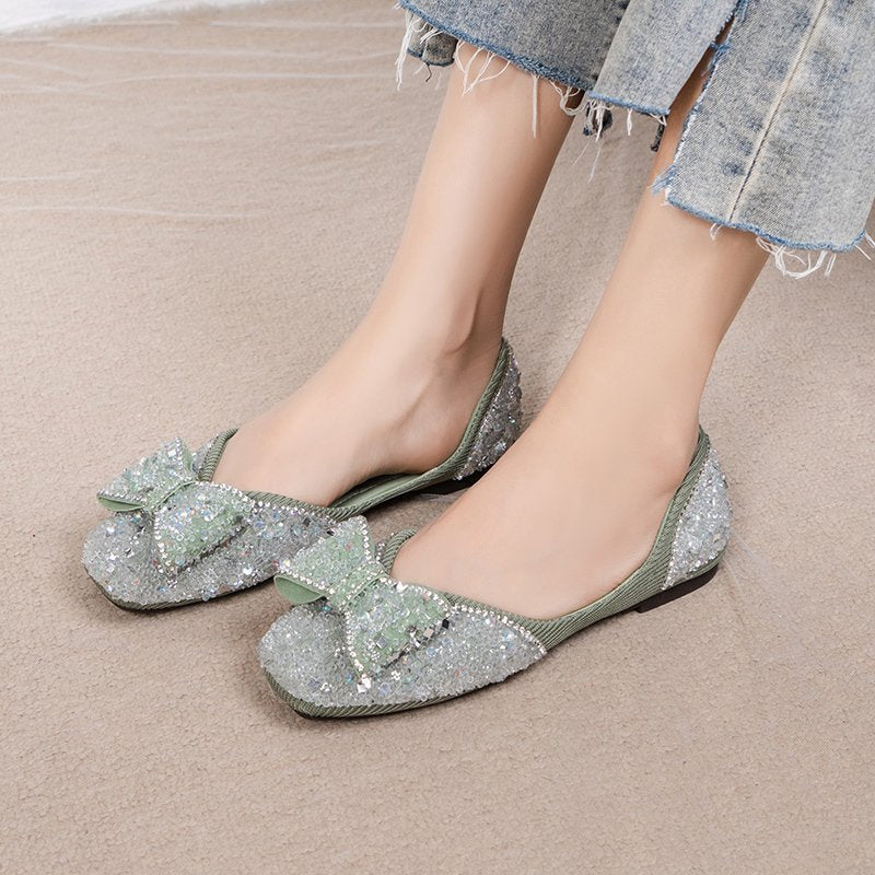 Square Toe Rhinestone Bow Flat Shoes