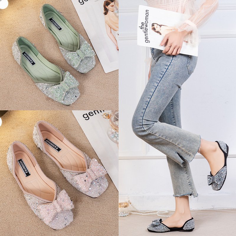 Square Toe Rhinestone Bow Flat Shoes