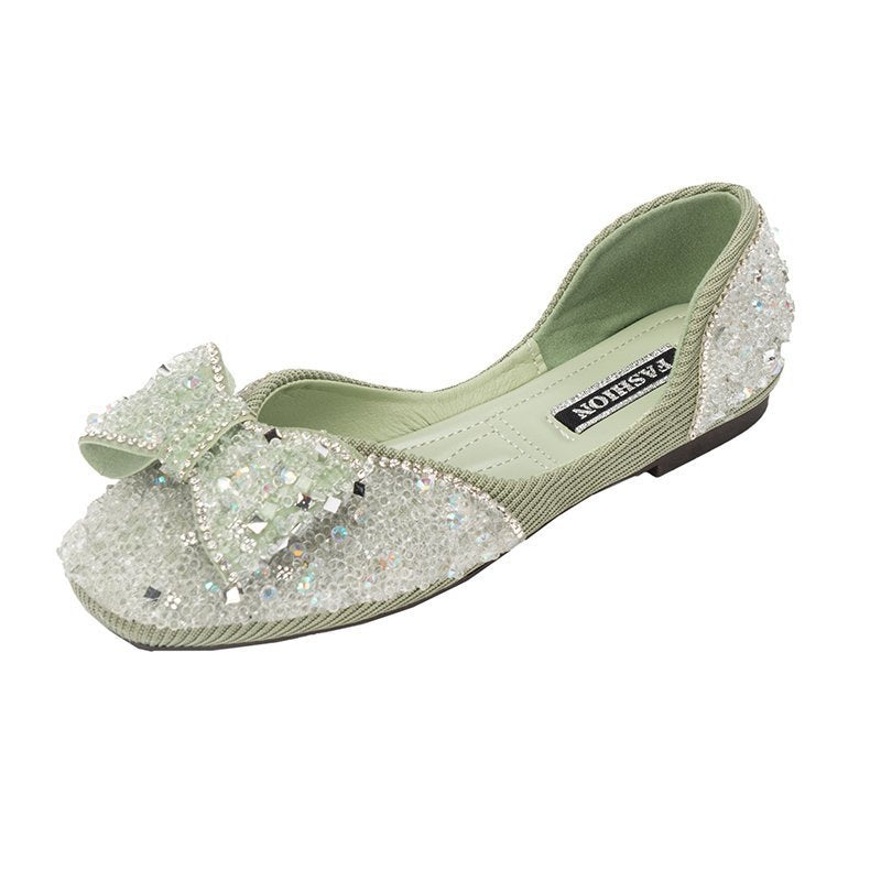 Square Toe Rhinestone Bow Flat Shoes