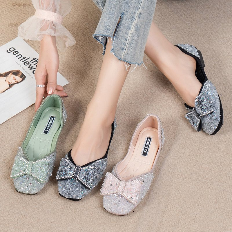 Square Toe Rhinestone Bow Flat Shoes