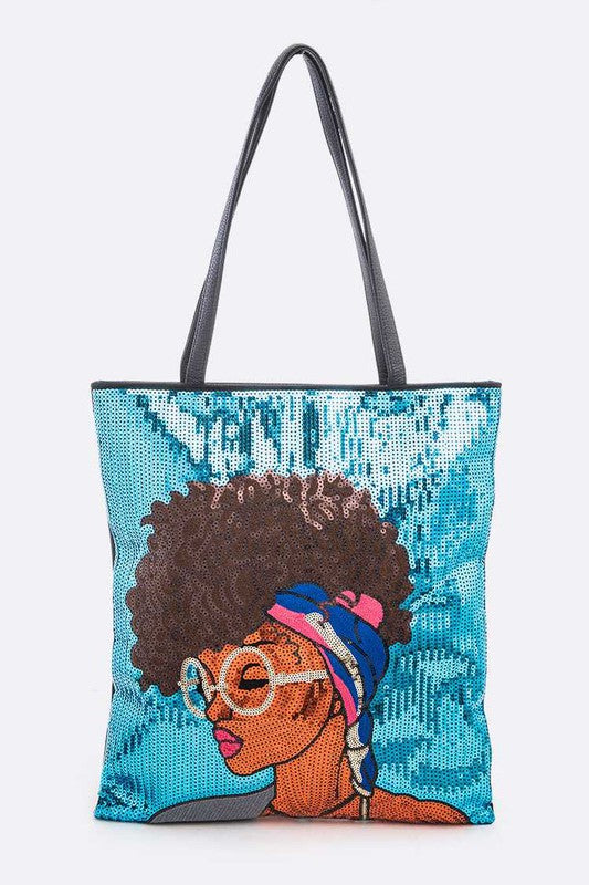 Glasses Girl Sequins Large Tote Bag