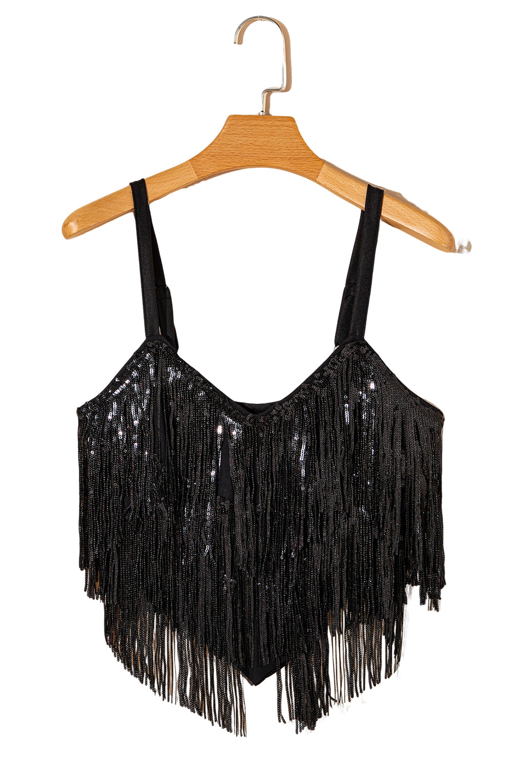 Black Sequin Tassel Adjustable Straps Crop Cami Top