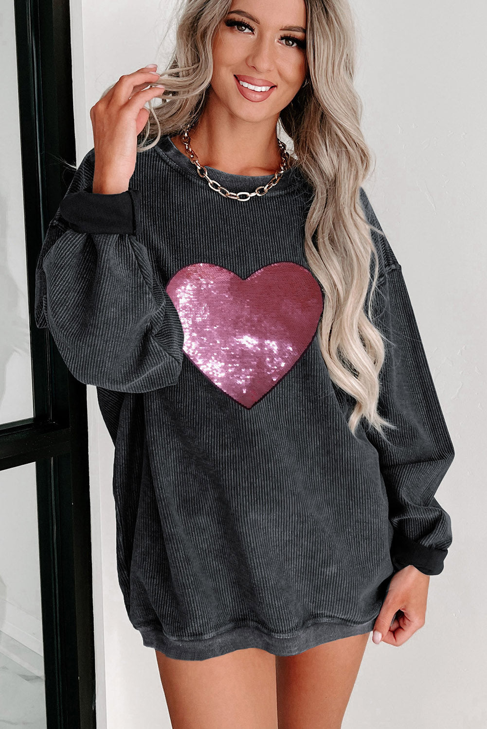 Black Corded Sequin Heart Graphic Crewneck Sweatshirt