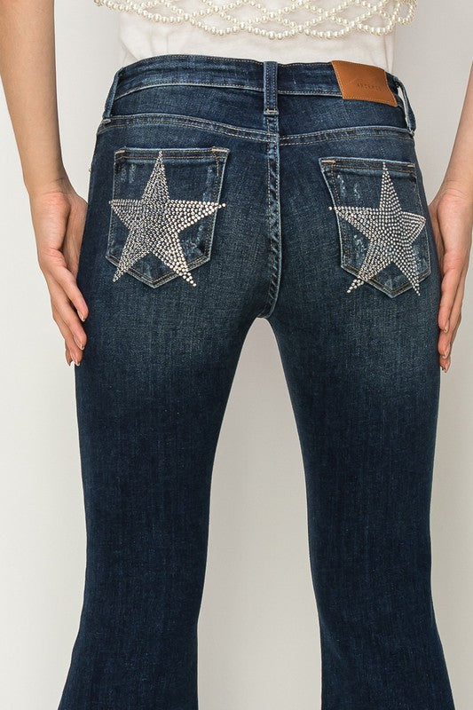 MID RISE FLARE STAR RHINESTONE ON POCKETS JEANS