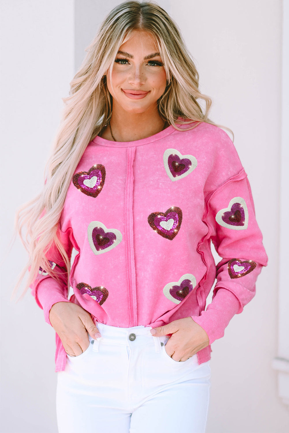 Rose Sequin Heart Printed Exposed Seam Graphic Sweatshirt