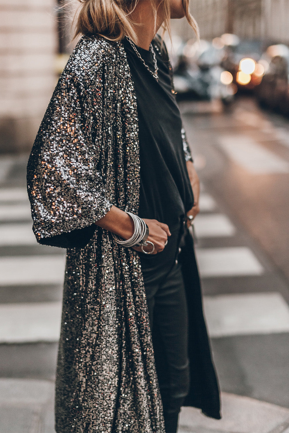 Silver Sequin Bracelet Sleeve Open Front Long Cardigan