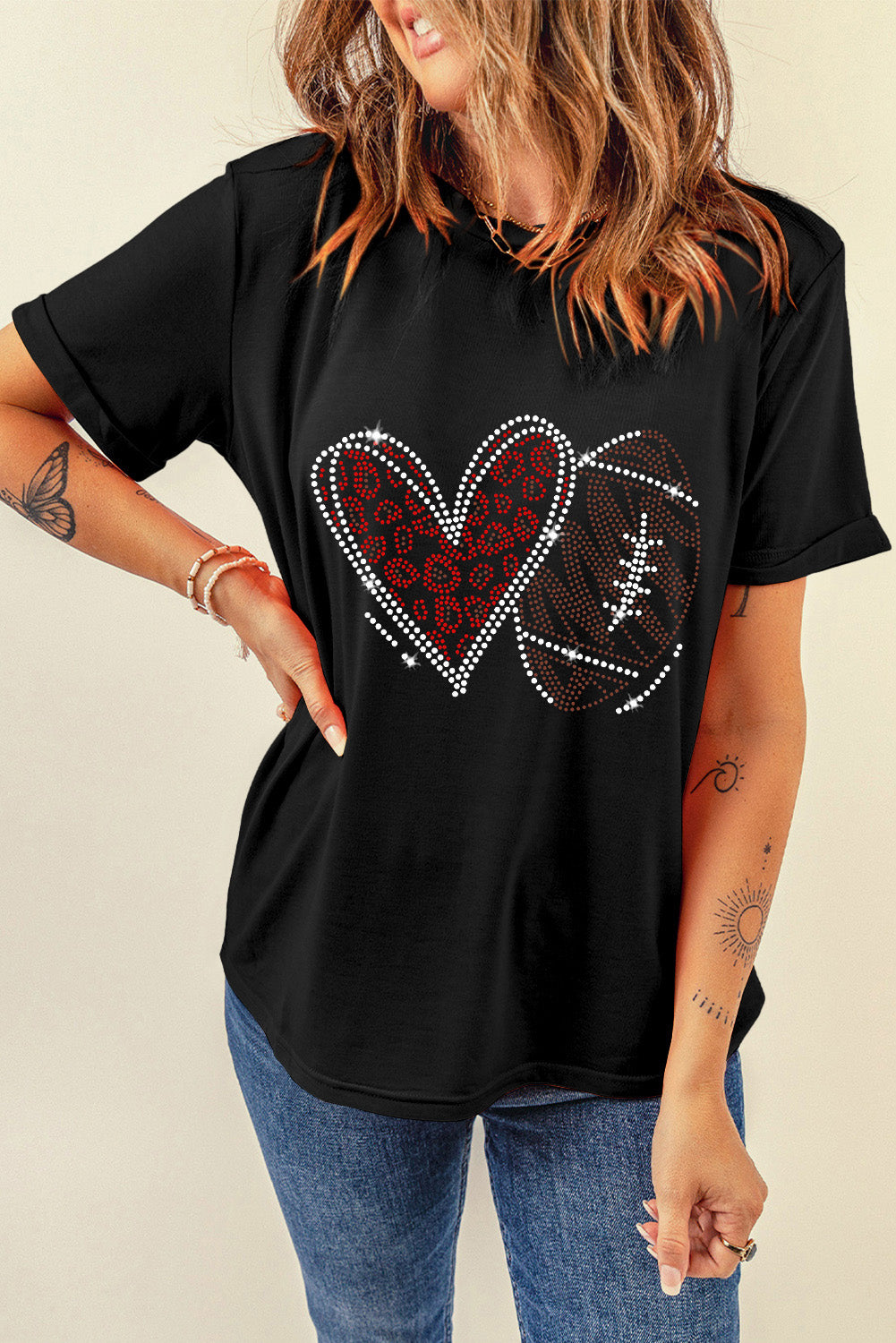 Black Rhinestone Rugby Heart Shape Graphic Crewneck T Shirt