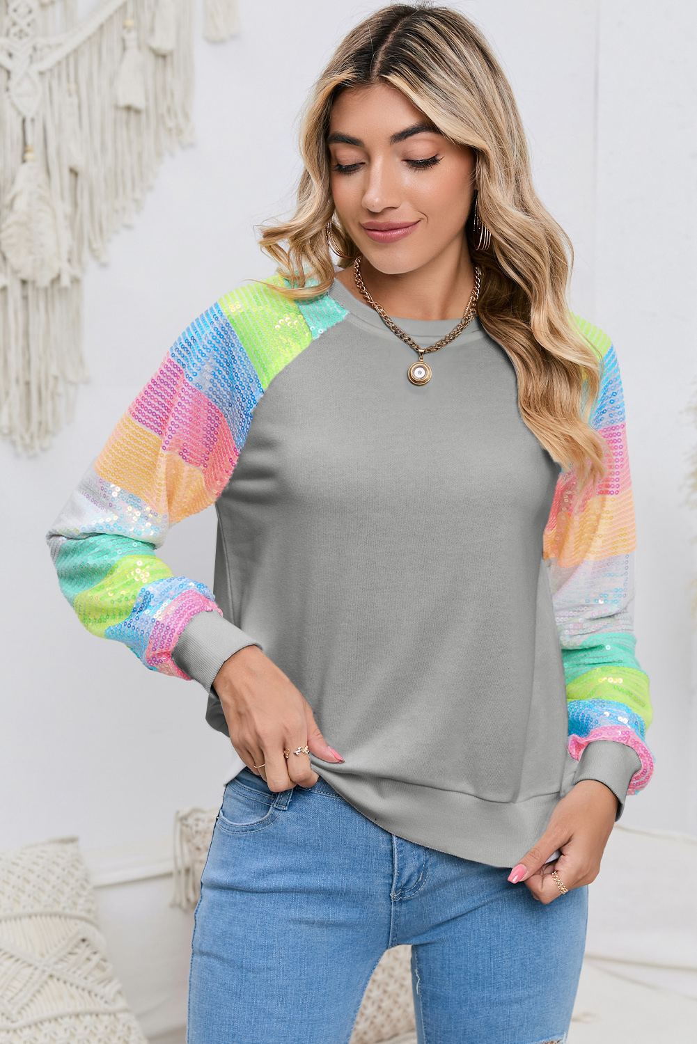 Gray Sequin Color Block Long Sleeve Pullover Sweatshirt