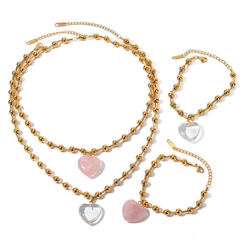 18K Gold Trendy Simple Beads with Heart Design Versatile Necklace Bracelet Set