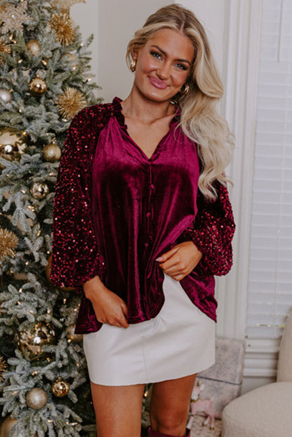 Red Dahlia Velvet Sequin Patchwork Sleeve Button Up Blouse