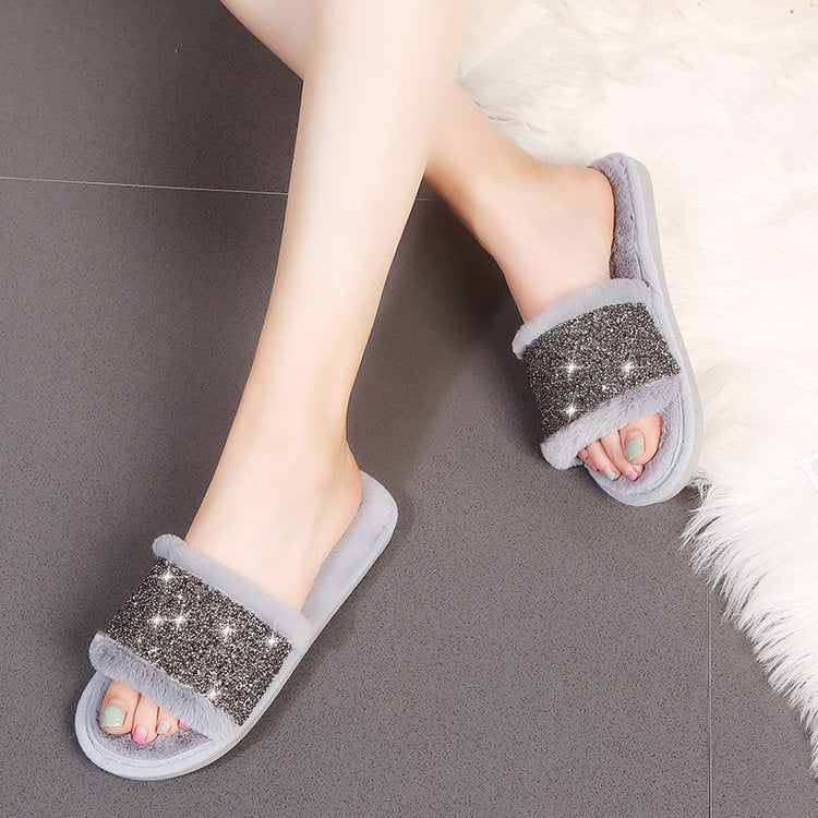 Rhinestone plush indoor slippers