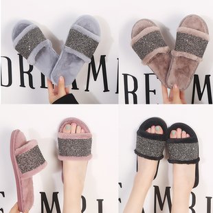 Rhinestone plush indoor slippers