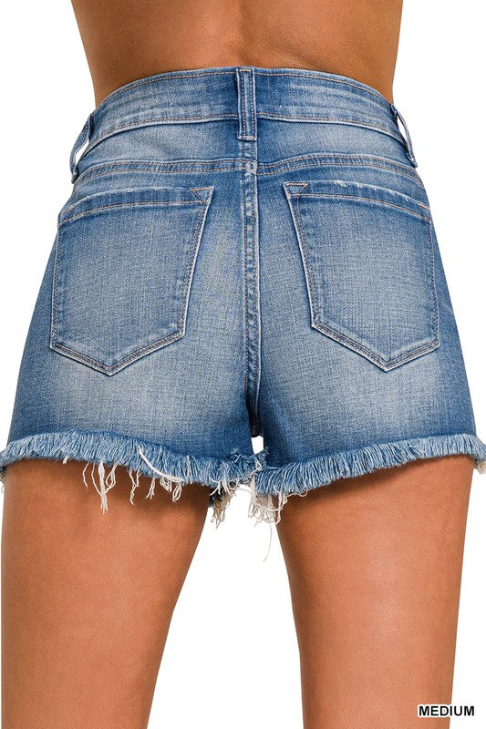 Mid Rise Raw Frayed Hem Denim Shorts